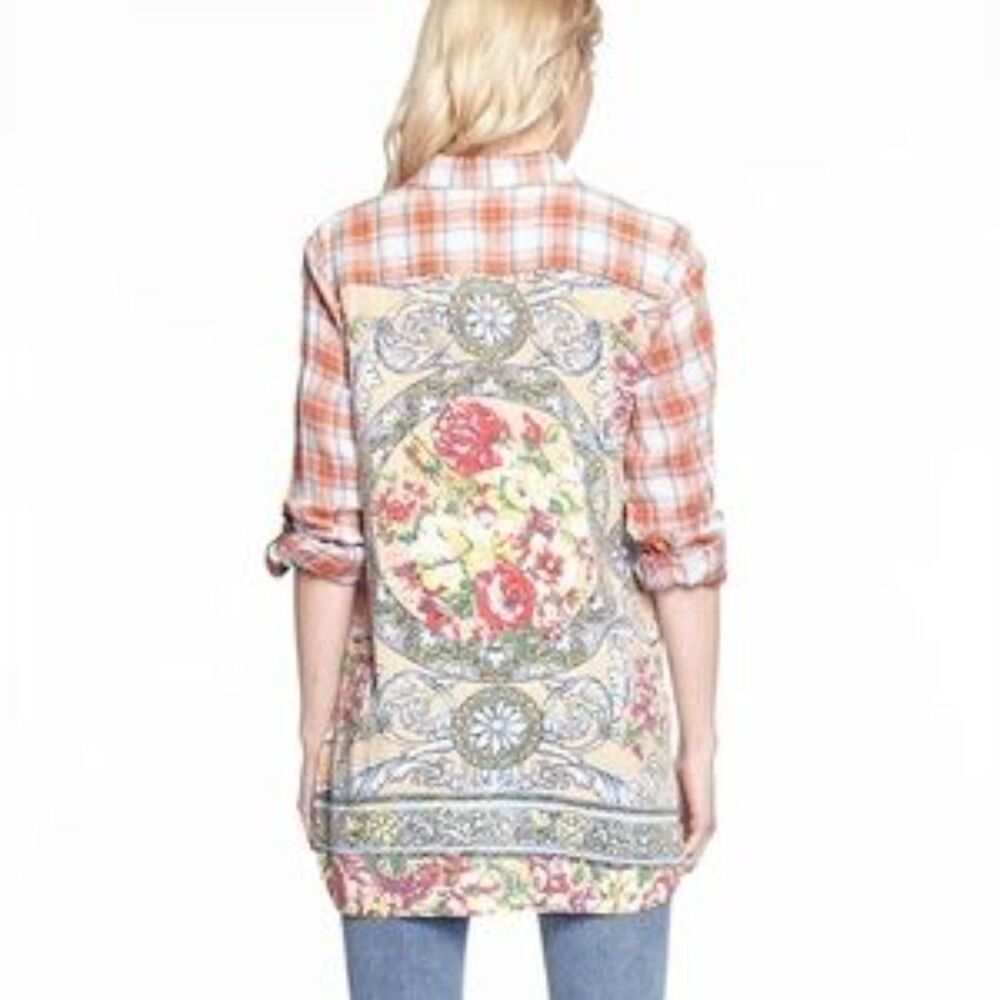 Aratta Silent Journey Women Size M Plaid Floral Roll Tab Sleeves Tunic Top Boho